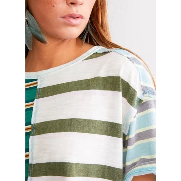 Free People Get Real T-Shirt Oversized Medium S/S Color-block Striped Green New - Picture 8 of 16